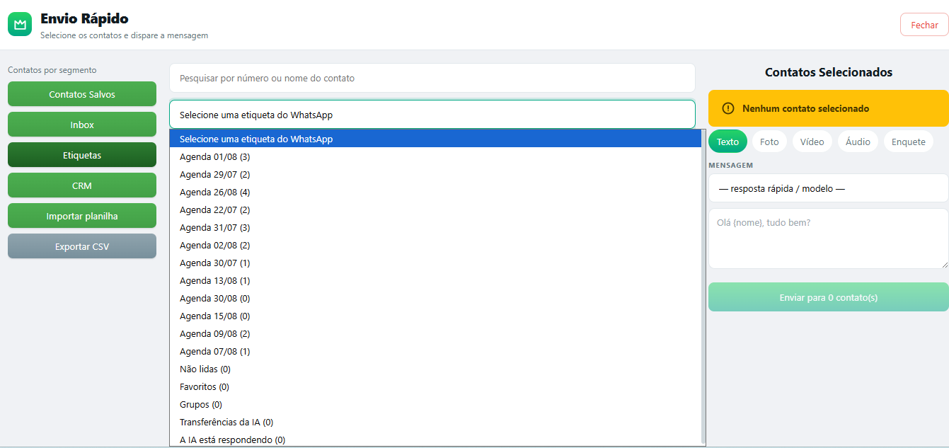 Tela de Envio Rápido do CRM Mestre Premium com segmentação por etiquetas do WhatsApp