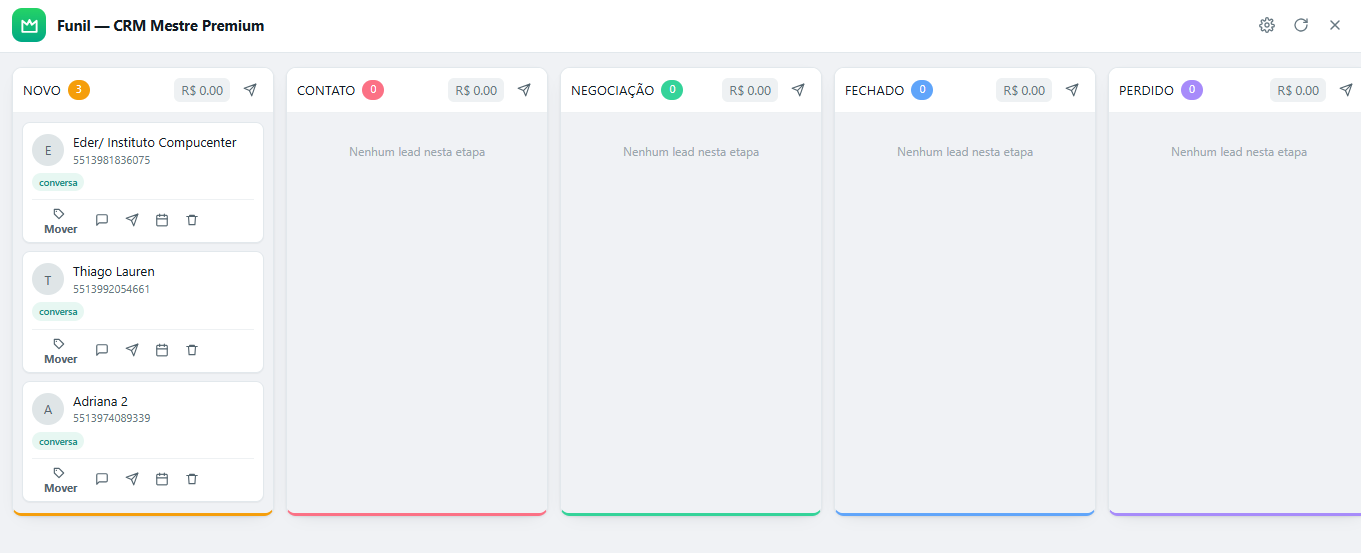 Funil do CRM Mestre Premium em kanban com etapas Novo, Contato, Negociação, Fechado e Perdido